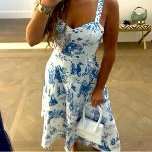 NWT Avec Les Filles | Blue Toile Sea Creatures Ship Cotton Midi Dress White Blue